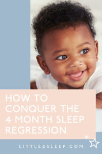 A Pinterest graphic featuring a baby with dark skin and curly hair smiling at someone off-camera. There is a text overlay that says "How To Conquer The 4 Month Sleep Regression"